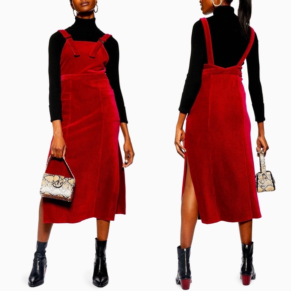 Topshop Dresses & Skirts - 🎉HP🎉 Topshop Red Corduroy Pinaforte Midi Dress